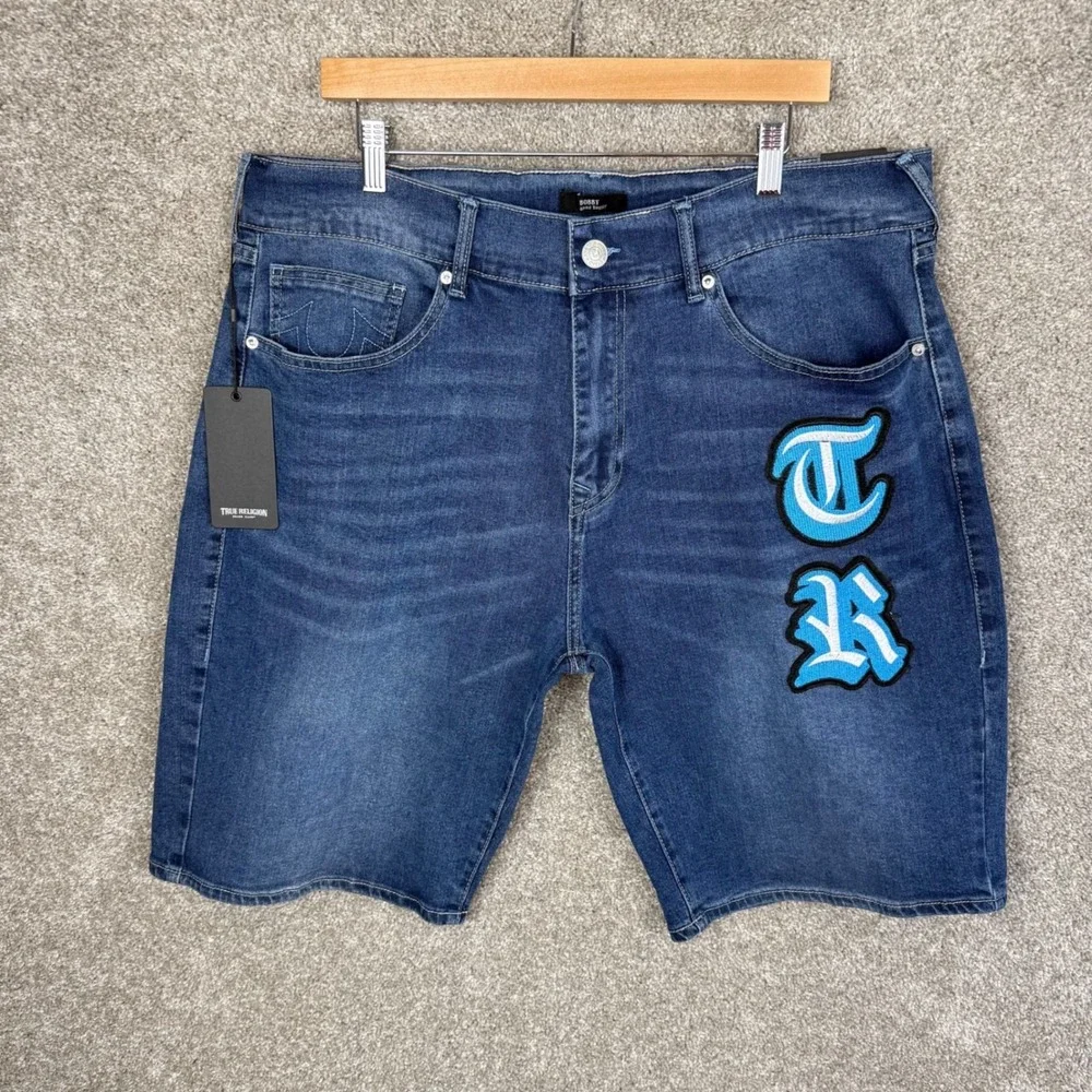 True Religion Bobby Relaxed Baggy Denim Shorts Mens 36 Medium Blaze Wash NEW